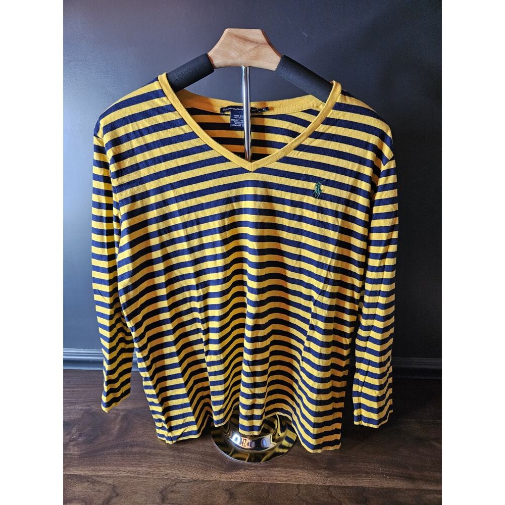 Polo Ralph Lauren Sport Yellow Blue Long Stripes V Neck Long Sleeve Womens XL